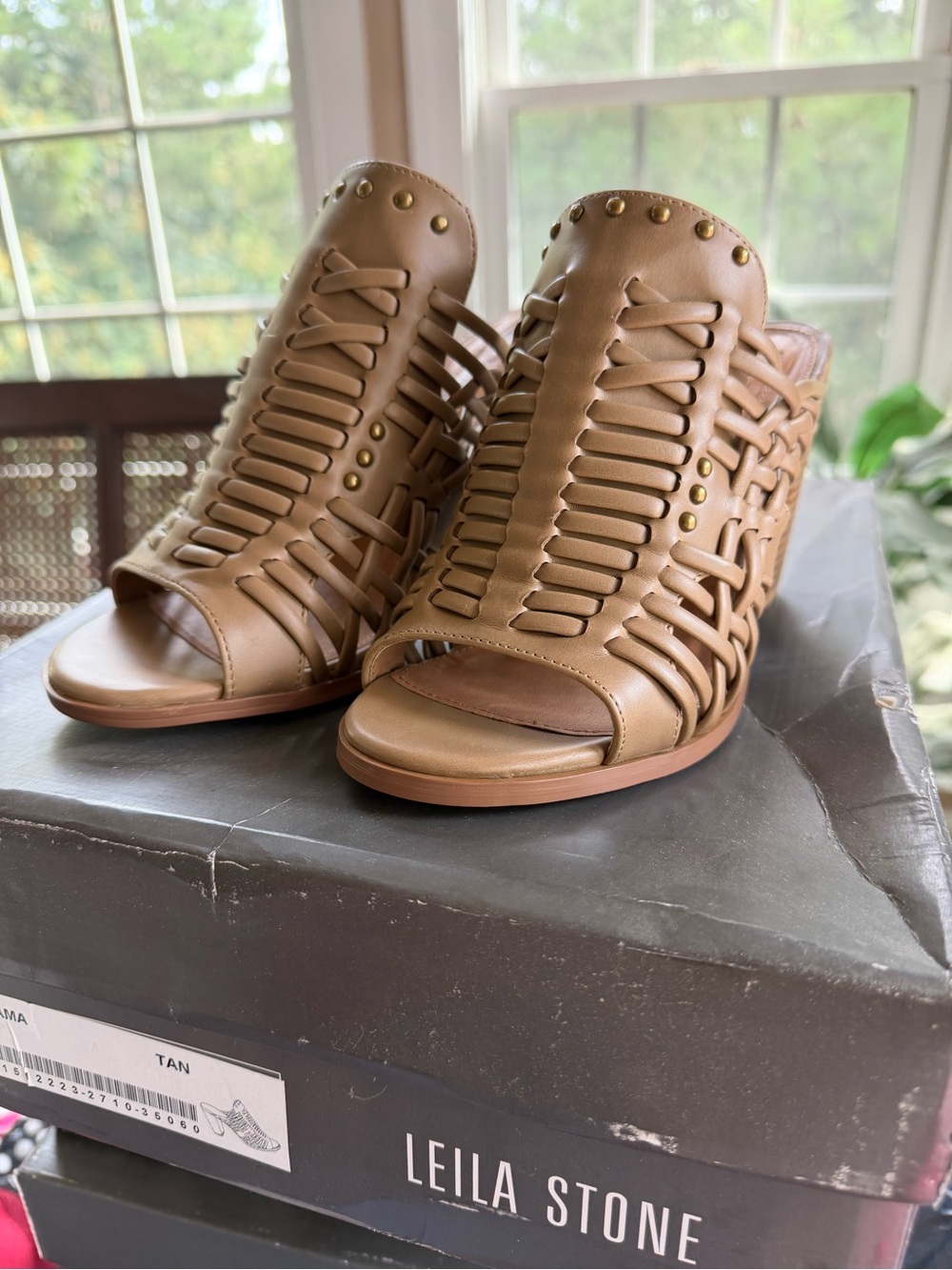 Leila Stone Tan Woven Studded Open-Toe Mules